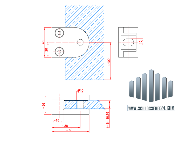 Glasklemmhalter 40 x 50mm - gerader Anschluss