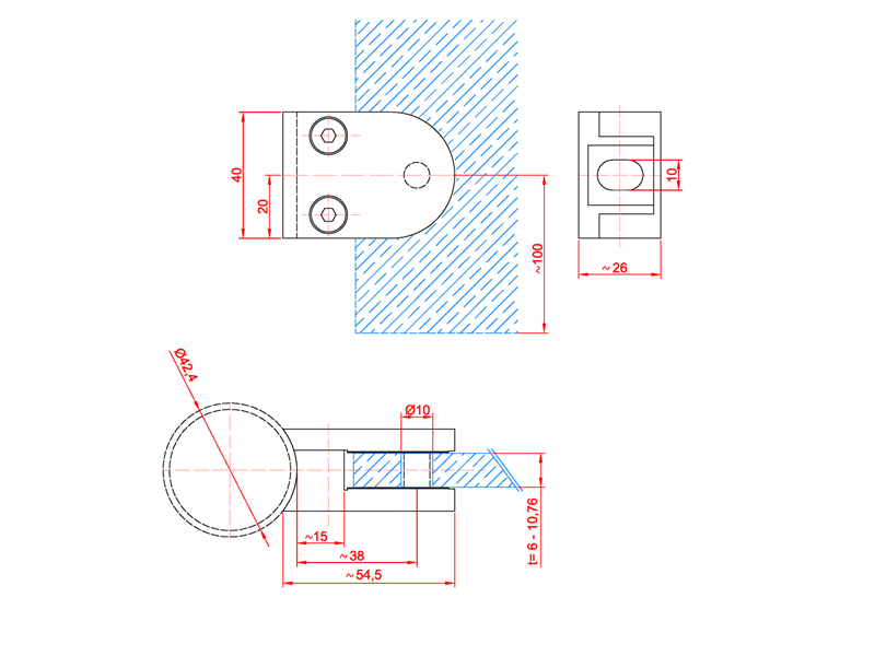 Glasklemmhalter (40x50mm) für 42,4mm Rundrohr